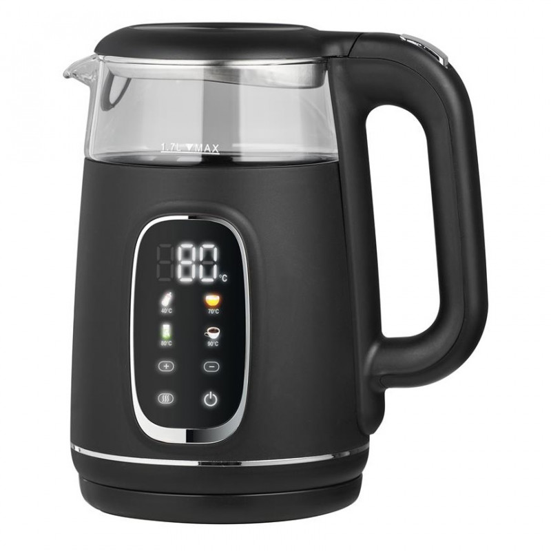 Fierbător electric Oliver Voltz OV51230AF, 2200 W, 1,7 l, 4 moduri, 13 setări de temperatură, afișaj LCD, comandă tactilă, negru/argintiu