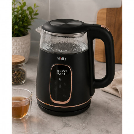 Fierbător electric Oliver Voltz OV51230AF, 2200 W, 1,7 l, 4 moduri, 13 setări de temperatură, afișaj LCD, comandă tactilă, negru/roz auriu