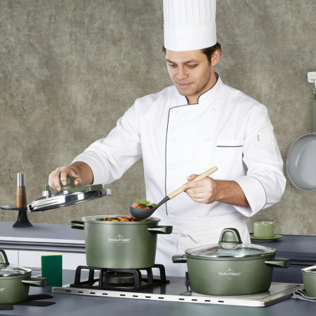Set vase de gatit Swiss Haus SH-GPC3020G, 20 piese, Acoperire ceramica Sapphire, Fara PFAS, Cuptor pana la 220°C, Inductie, Verde