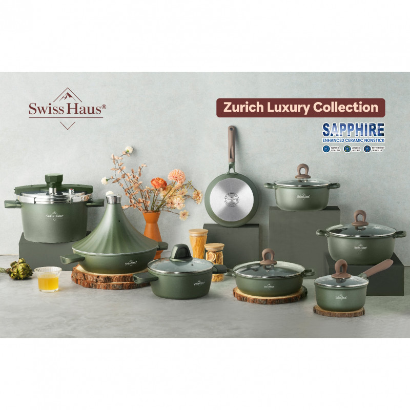 Set vase de gatit Swiss Haus SH-GPC3020G, 20 piese, Acoperire ceramica Sapphire, Fara PFAS, Cuptor pana la 220°C, Inductie, Verde