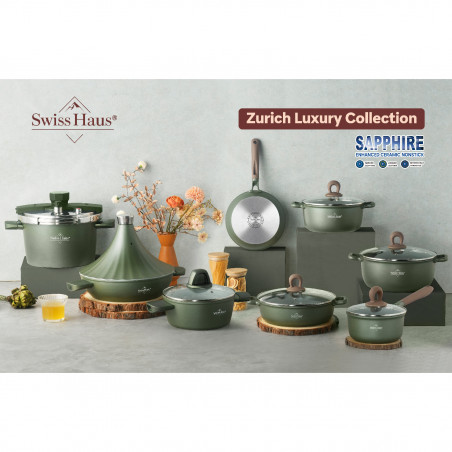 Set vase de gatit Swiss Haus SH-GPC3020G, 20 piese, Acoperire ceramica Sapphire, Fara PFAS, Cuptor pana la 220°C, Inductie, Verde