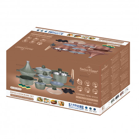 Set vase de gatit Swiss Haus SH-GPC3020G, 20 piese, Acoperire ceramica Sapphire, Fara PFAS, Cuptor pana la 220°C, Inductie, Verde
