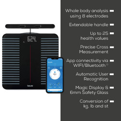 Cântar Beurer BF 990, până la 180 kg, 15 funcții, până la 8 utilizatori, ecran LCD, Bluetooth, Wi-Fi, recunoaștere automată a utilizatorului, negru