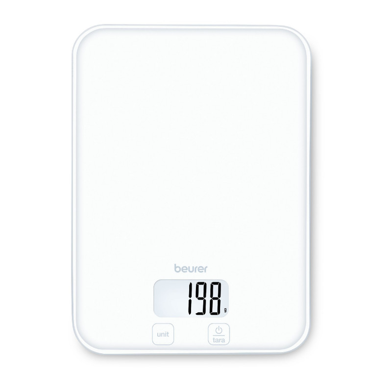 Cântar de bucătărie Beurer KS 19 Pure White, până la 5 kg, funcție TARE, comandă tactilă, ecran LCD, sticlă, ultra-subțire, roșu