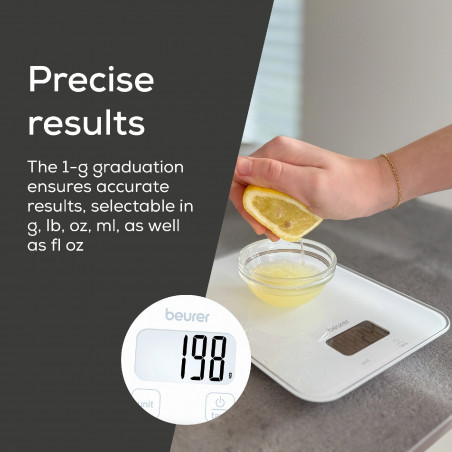 Cântar de bucătărie Beurer KS 19 Pure White, până la 5 kg, funcție TARE, comandă tactilă, ecran LCD, sticlă, ultra-subțire, roșu