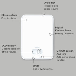 Cântar de bucătărie Beurer KS 19 Pure White, până la 5 kg, funcție TARE, comandă tactilă, ecran LCD, sticlă, ultra-subțire, roșu