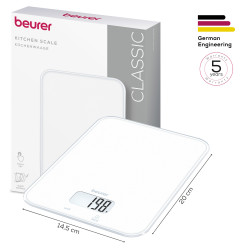 Cântar de bucătărie Beurer KS 19 Pure White, până la 5 kg, funcție TARE, comandă tactilă, ecran LCD, sticlă, ultra-subțire, roșu
