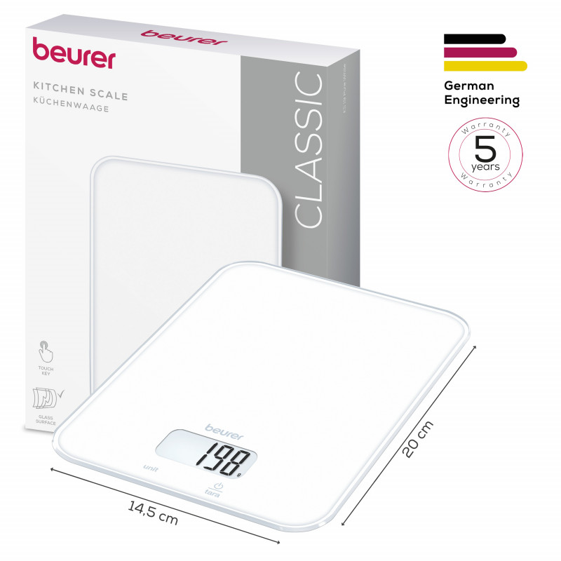 Cântar de bucătărie Beurer KS 19 Pure White, până la 5 kg, funcție TARE, comandă tactilă, ecran LCD, sticlă, ultra-subțire, roșu