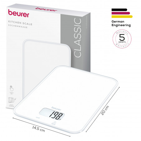 Cântar de bucătărie Beurer KS 19 Pure White, până la 5 kg, funcție TARE, comandă tactilă, ecran LCD, sticlă, ultra-subțire, roșu