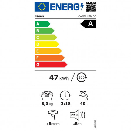 Mașină de spălat cu încărcare frontală Crown CWM80J12BLDC, Clasa A, 16 programe, 8 kg, 1200 rpm, afișaj LED, temporizator pentru pornire amânată, alb