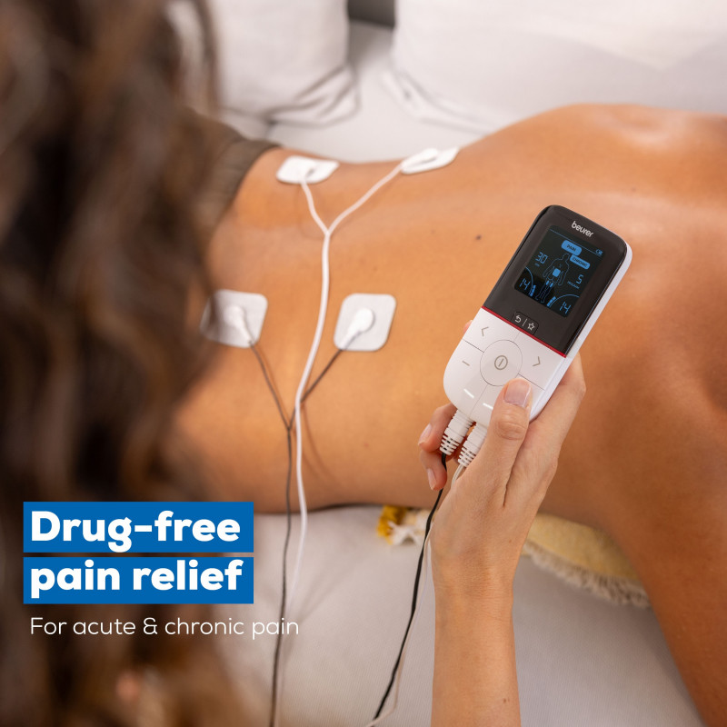 Aparat de masaj 3 în 1 Beurer EM 56, 22 de programe, 50 de niveluri, TENS/EMS, ecran LCD, electrostimulator, alb/negru