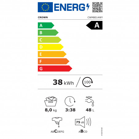 Mașină de spălat Crown CWM8014WY, Clasa A, 16 programe, 8 kg, 1400 rpm, Protecție împotriva accesului copiilor, Program pentru haine de bebeluși, Alb