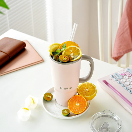 Cană termică cu pai încorporat Buydeem DS57-P, 700 ml, menține temperatura (cald/rece) până la 6 ore, izolație sub vid, oțel inoxidabil, fără BPA, roz
