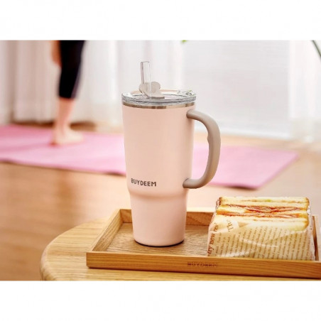 Cană termică cu pai încorporat Buydeem DS57-P, 700 ml, menține temperatura (cald/rece) până la 6 ore, izolație sub vid, oțel inoxidabil, fără BPA, roz