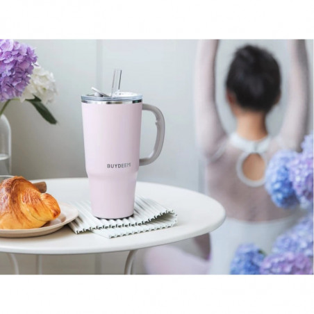 Cană termică cu pai încorporat Buydeem DS57-P, 700 ml, menține temperatura (cald/rece) până la 6 ore, izolație sub vid, oțel inoxidabil, fără BPA, roz