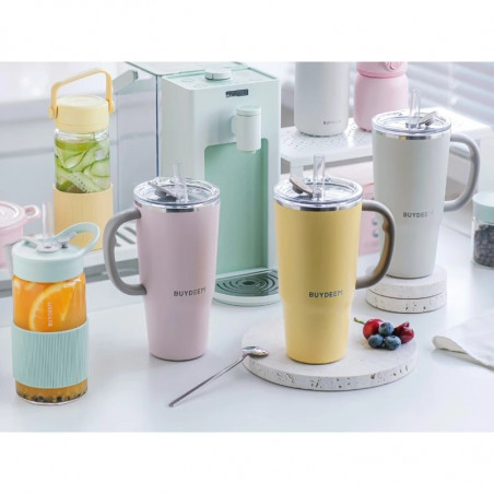 Cană termică cu pai încorporat Buydeem DS57-P, 700 ml, menține temperatura (cald/rece) până la 6 ore, izolație sub vid, oțel inoxidabil, fără BPA, roz