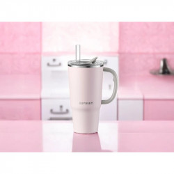 Cană termică cu pai încorporat Buydeem DS57-P, 700 ml, menține temperatura (cald/rece) până la 6 ore, izolație sub vid, oțel inoxidabil, fără BPA, roz