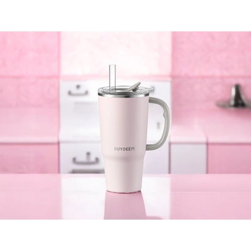 Cană termică cu pai încorporat Buydeem DS57-P, 700 ml, menține temperatura (cald/rece) până la 6 ore, izolație sub vid, oțel inoxidabil, fără BPA, roz