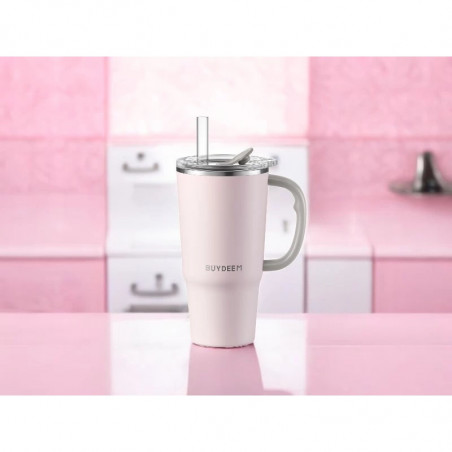Cană termică cu pai încorporat Buydeem DS57-P, 700 ml, menține temperatura (cald/rece) până la 6 ore, izolație sub vid, oțel inoxidabil, fără BPA, roz