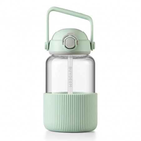 Sticlă portabilă pentru băuturi BUYDEEM DG710-CG, 1 l, Paie retractabilă, Mâner, Sticlă rezistentă la temperaturi de până la 150 °C, Triplă etanșare, Verde
