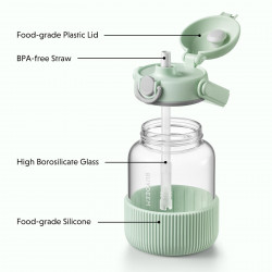 Sticlă portabilă pentru băuturi BUYDEEM DG710-CG, 1 l, Paie retractabilă, Mâner, Sticlă rezistentă la temperaturi de până la 150 °C, Triplă etanșare, Verde