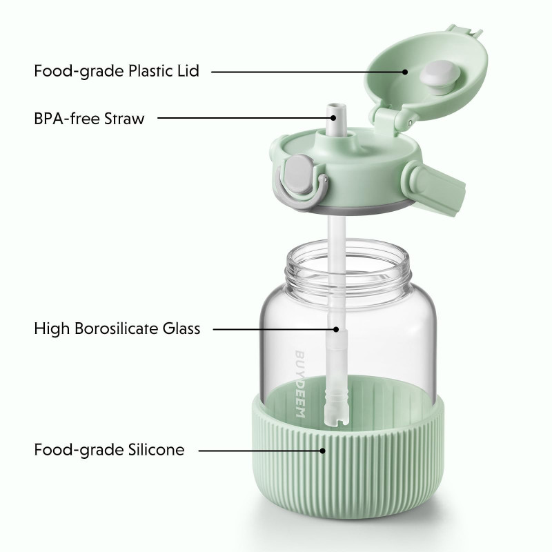 Sticlă portabilă pentru băuturi BUYDEEM DG710-CG, 1 l, Paie retractabilă, Mâner, Sticlă rezistentă la temperaturi de până la 150 °C, Triplă etanșare, Verde