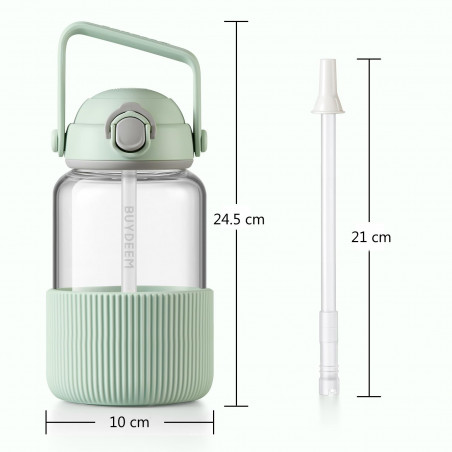 Sticlă portabilă pentru băuturi BUYDEEM DG710-CG, 1 l, Paie retractabilă, Mâner, Sticlă rezistentă la temperaturi de până la 150 °C, Triplă etanșare, Verde