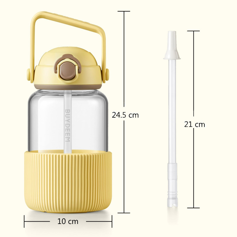 Sticlă portabilă pentru băuturi BUYDEEM DG710-MY, 1 l, Paie retractabilă, Mâner, Sticlă rezistentă la temperaturi de până la 150 °C, Triplă etanșare, Galben