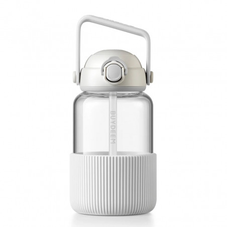 Sticlă portabilă pentru băuturi BUYDEEM DG710-OW, 1 l, Paie retractabilă, Mâner, Sticlă rezistentă la temperaturi de până la 150 °C, Triplă etanșare, Alb