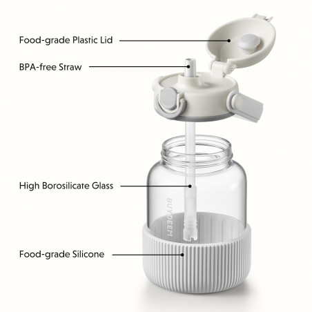 Sticlă portabilă pentru băuturi BUYDEEM DG710-OW, 1 l, Paie retractabilă, Mâner, Sticlă rezistentă la temperaturi de până la 150 °C, Triplă etanșare, Alb