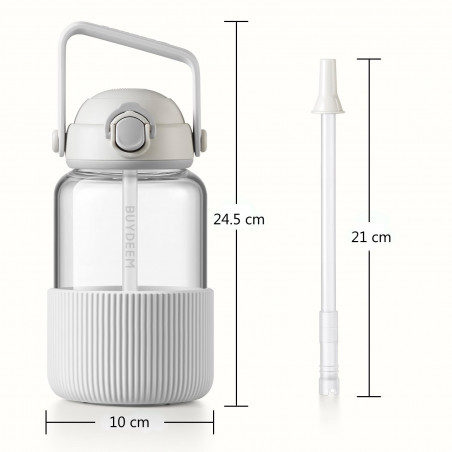 Sticlă portabilă pentru băuturi BUYDEEM DG710-OW, 1 l, Paie retractabilă, Mâner, Sticlă rezistentă la temperaturi de până la 150 °C, Triplă etanșare, Alb