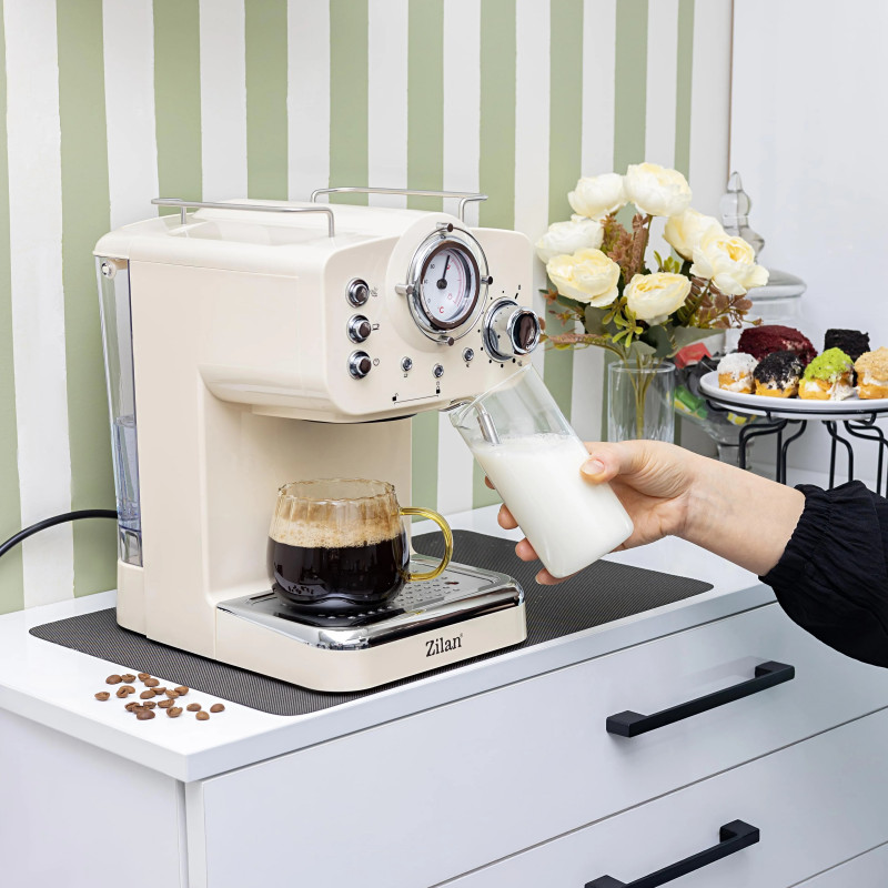 Mașină de espresso ZILAN ZLN2992, 1100 W, 15 bar, 1,25 l, preparare dublă, portafiltru, spumă de lapte caldă și rece, reglare a temperaturii, culoare crem