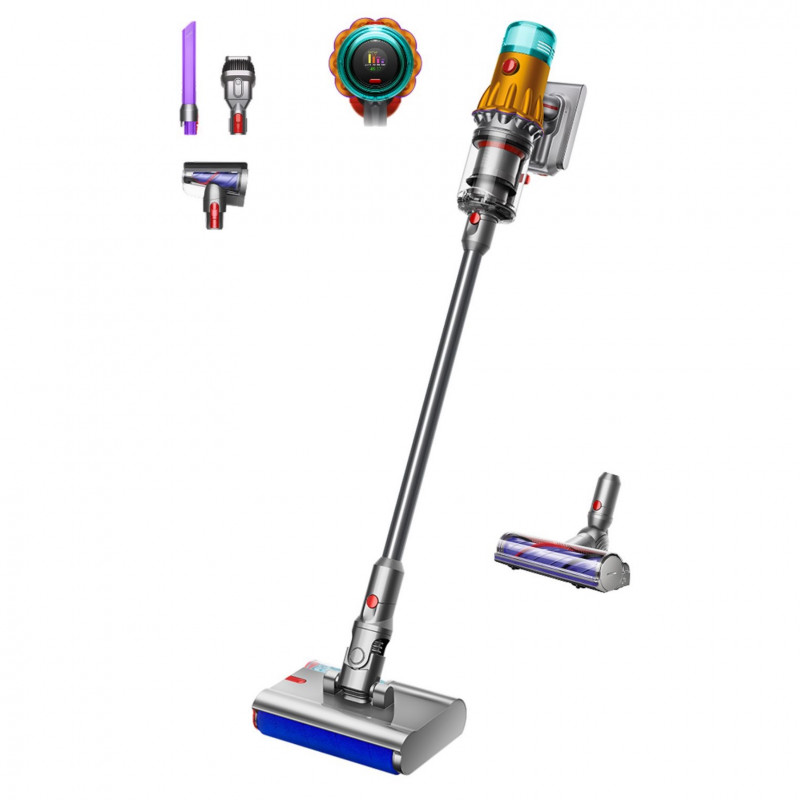 Aspirator vertical Dyson V12s Detect Slim Submarine 485350-01, 140AW, 0,35 L, 60 min, Uscat/Umed, 3 moduri, HEPA, Senzor de praf, Golire igienică, LCD cu date in timp real, Nichel/Galben