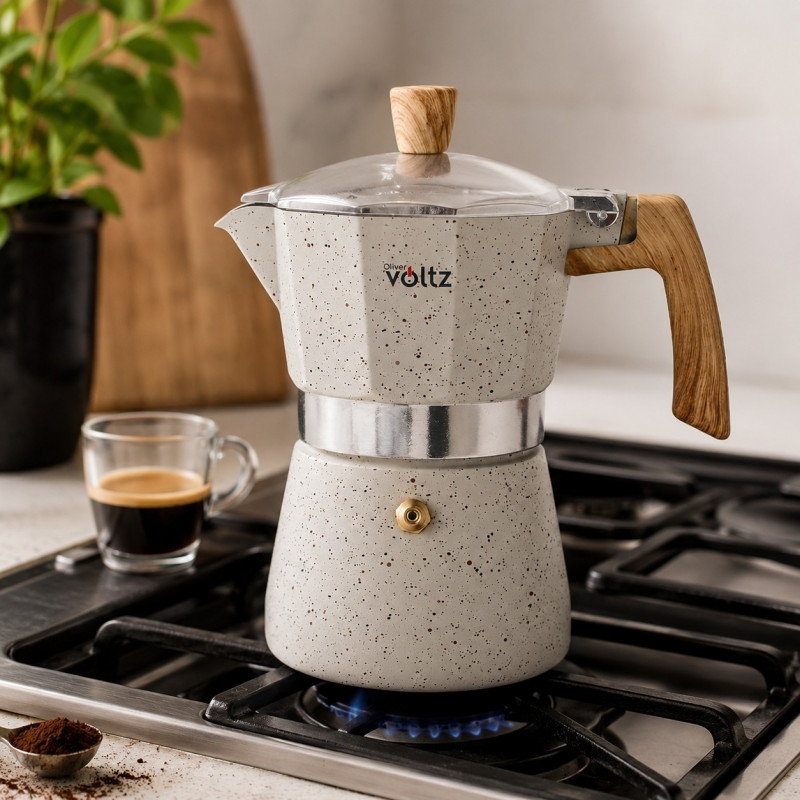 Aparat de cafea cubanez Oliver Voltz Verona OV51173I6, 6 cești, aluminiu, inducție, crem