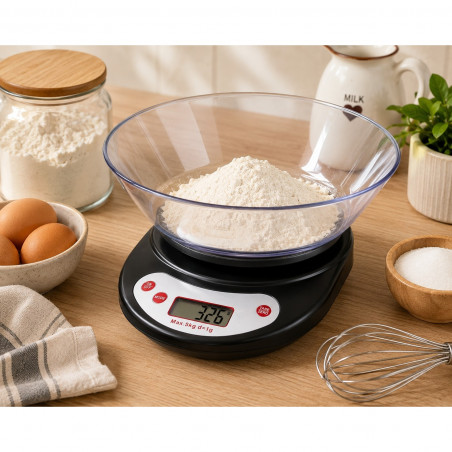 Cântar de bucătărie cu vas Rosberg R51651B, până la 5 kg, ecran LCD, negru