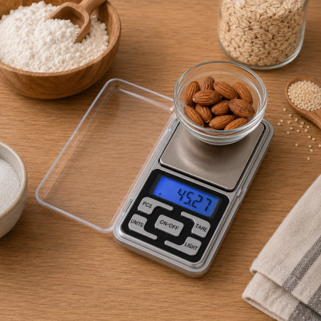 Cântar pentru bijuterii Rosberg R51651S, până la 500 g, afișaj LCD, baterii incluse, oțel inoxidabil