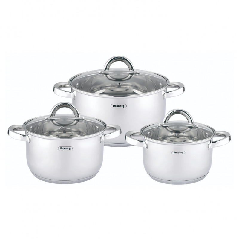 Set de oale Rosberg R51210L6C, 6 buc., Scală de măsurare, Capace din sticlă, Oțel inoxidabil, Inducție, Argintiu