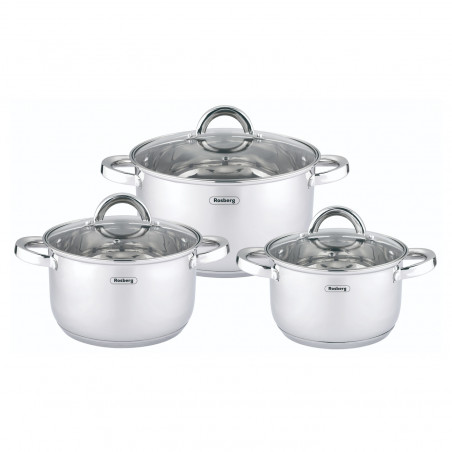 Set de oale Rosberg R51210L6C, 6 buc., Scală de măsurare, Capace din sticlă, Oțel inoxidabil, Inducție, Argintiu