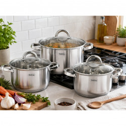 Set de oale Rosberg R51210L6C, 6 buc., Scală de măsurare, Capace din sticlă, Oțel inoxidabil, Inducție, Argintiu