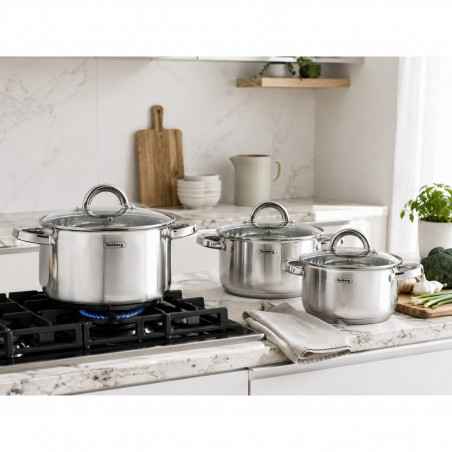 Set de oale Rosberg R51210L6C, 6 buc., Scală de măsurare, Capace din sticlă, Oțel inoxidabil, Inducție, Argintiu