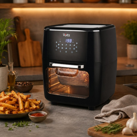 Friteuză-cuptor cu aer cald Oliver Voltz OV51980AO, 1700 W, 13 l, 10 programe, 65-200 °C, Spieți rotative și coș, Ecran tactil, Funcție de dospire, Negru