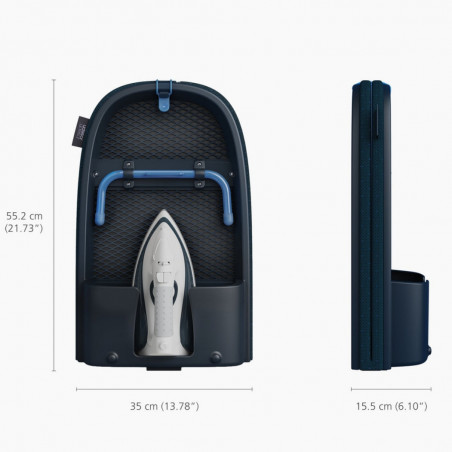 Masă de călcat pliabilă Joseph Joseph Pocket Max Plus 5000022, Husă din bumbac 100%, Strat impermeabil, Cârlig de agățare, Compartiment pentru fierul de călcat, DripShield, Albastru