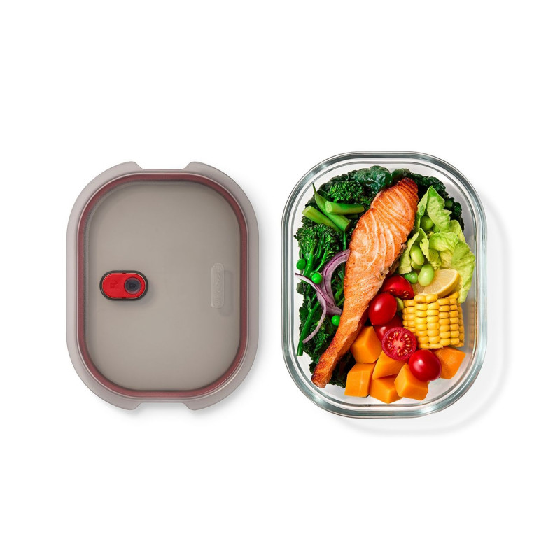 Cutie pentru alimente Black+Blum Stack+Nest FBGR-BX-L107, 1,2 l, dreptunghiulară, potrivită pentru cuptor, fără BPA, sticlă borosilicată, gri/roșu