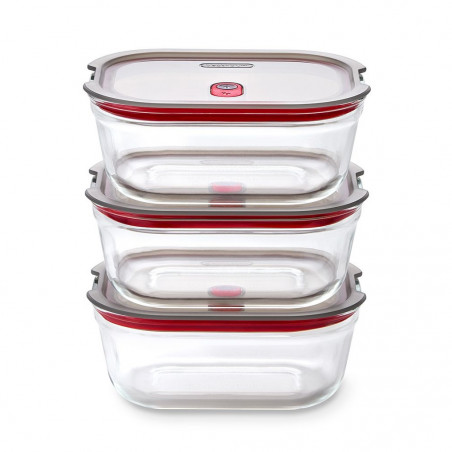 Set de 3 cutii pentru alimente Black+Blum Stack+Nest FBGR-BX-MPACK3, 0,9 l, dreptunghiulare, potrivite pentru cuptor, fără BPA, oțel inoxidabil, gri/roșu