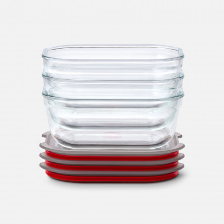 Set de 3 cutii pentru alimente Black+Blum Stack+Nest FBGR-BX-MPACK3, 0,9 l, dreptunghiulare, potrivite pentru cuptor, fără BPA, oțel inoxidabil, gri/roșu