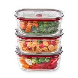 Set de 3 cutii pentru alimente Black+Blum Stack+Nest FBGR-BX-MPACK3, 0,9 l, dreptunghiulare, potrivite pentru cuptor, fără BPA, oțel inoxidabil, gri/roșu
