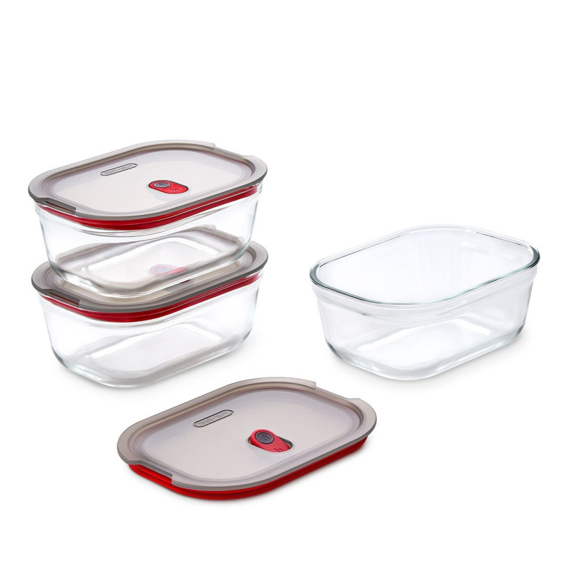 Set de 3 cutii pentru alimente Black+Blum Stack+Nest FBGR-BX-MPACK3, 0,9 l, dreptunghiulare, potrivite pentru cuptor, fără BPA, oțel inoxidabil, gri/roșu