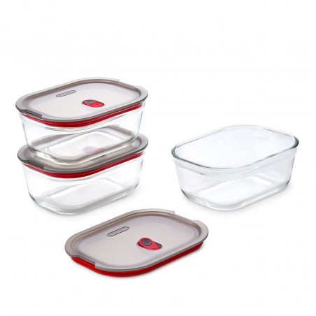 Set de 3 cutii pentru alimente Black+Blum Stack+Nest FBGR-BX-MPACK3, 0,9 l, dreptunghiulare, potrivite pentru cuptor, fără BPA, oțel inoxidabil, gri/roșu