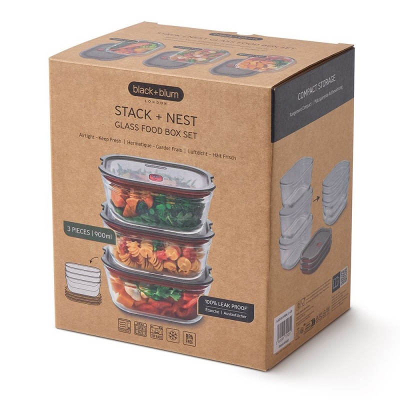 Set de 3 cutii pentru alimente Black+Blum Stack+Nest FBGR-BX-MPACK3, 0,9 l, dreptunghiulare, potrivite pentru cuptor, fără BPA, oțel inoxidabil, gri/roșu