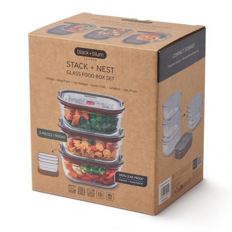 Set de 3 cutii pentru alimente Black+Blum Stack+Nest FBGR-BX-MPACK3, 0,9 l, dreptunghiulare, potrivite pentru cuptor, fără BPA, oțel inoxidabil, gri/roșu